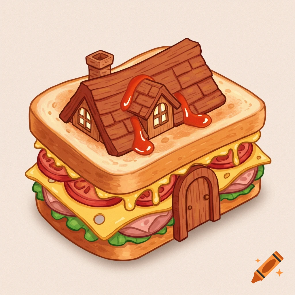 A fantasy-style illustration of a sandwich shaped like a cozy cottage, with a wooden roof, windows, chimney, and a small door.