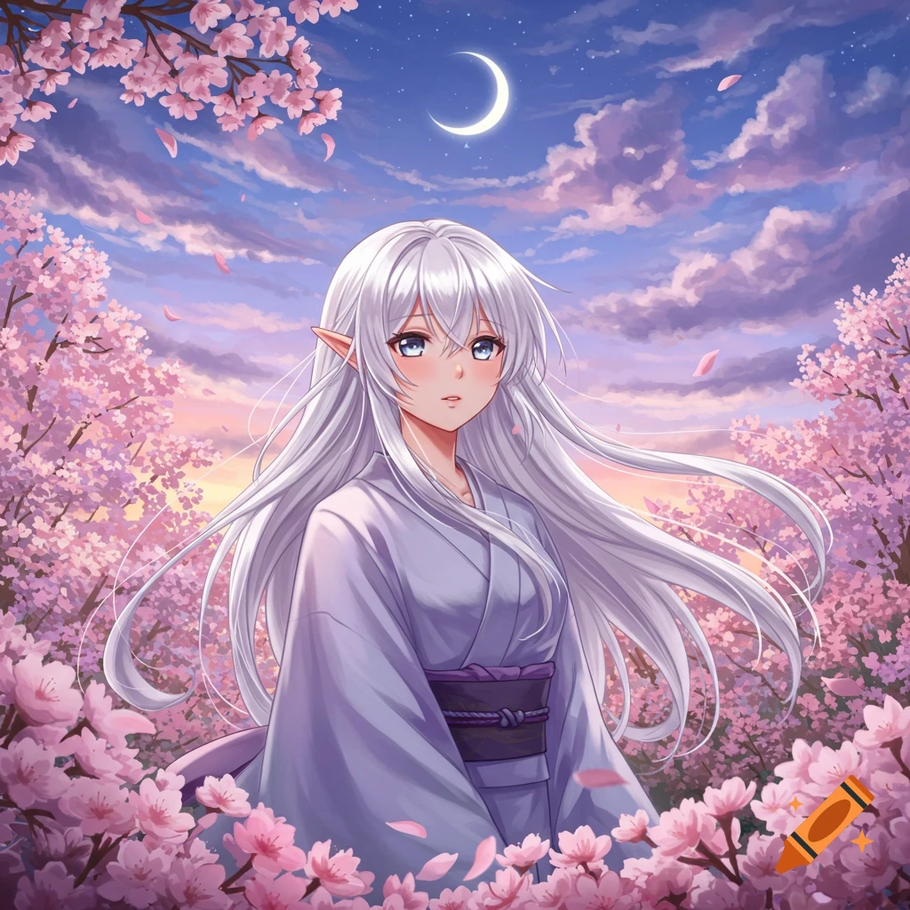 An anime girl with white hair and elf ears in a purple kimono stands among pink cherry blossom trees under a crescent moonlit sky.