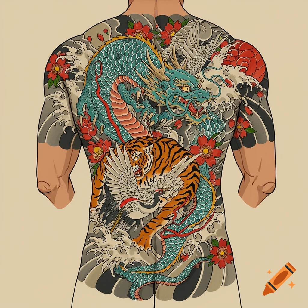 A vibrant traditional Japanese full back tattoo featuring a teal dragon, an orange tiger, a white crane, red flowers, and grey waves.