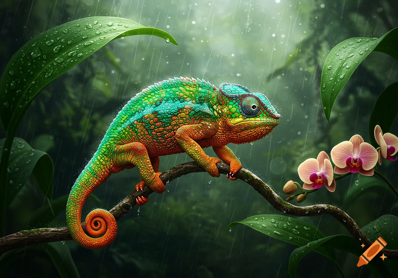 A vibrant green and orange chameleon perches on a branch in a rainy, lush rainforest with pink orchids.