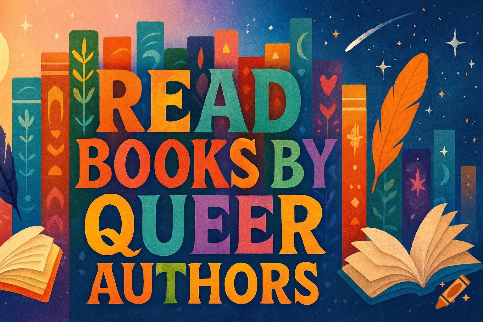 An illustrative image of colorful books with the text 'READ BOOKS BY QUEER AUTHORS' in a starry sky, with open books at the bottom.