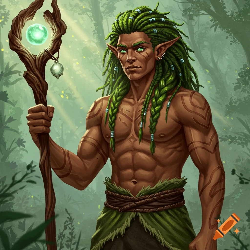 Muscular male fantasy character with green dreadlocks, glowing eyes, and earthy tattoos, holding a glowing staff in a sunlit forest, digital art.