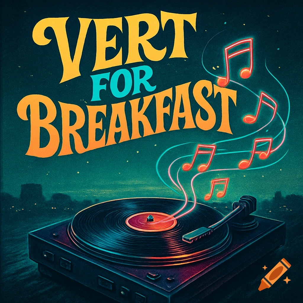 A groovy music album cover features a turntable emitting glowing pink music notes, with the band name 'VERT FOR BREAKFAST' in bold, colorful text above.
