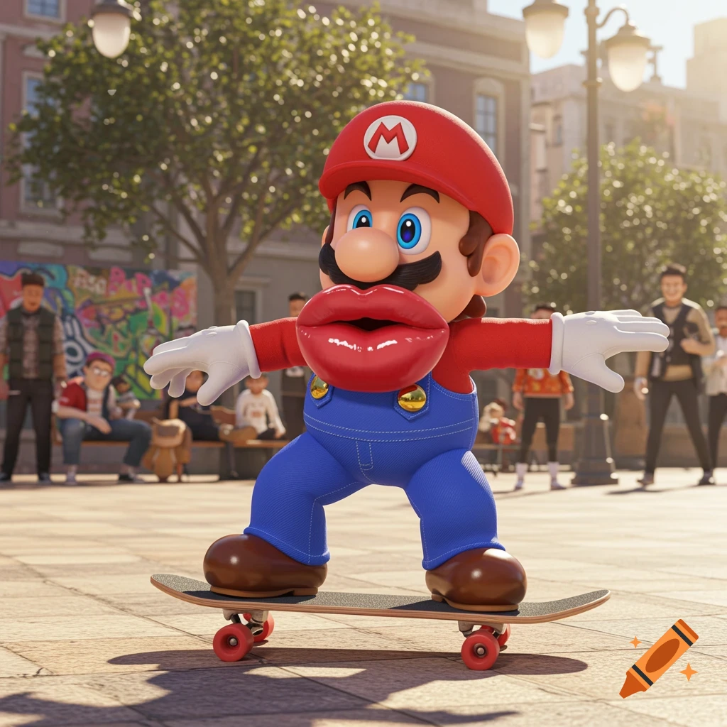 A hyper-realistic 3D render of Mario with exaggerated red lips and mustache, riding a skateboard in a plaza setting with people and buildings in the background.