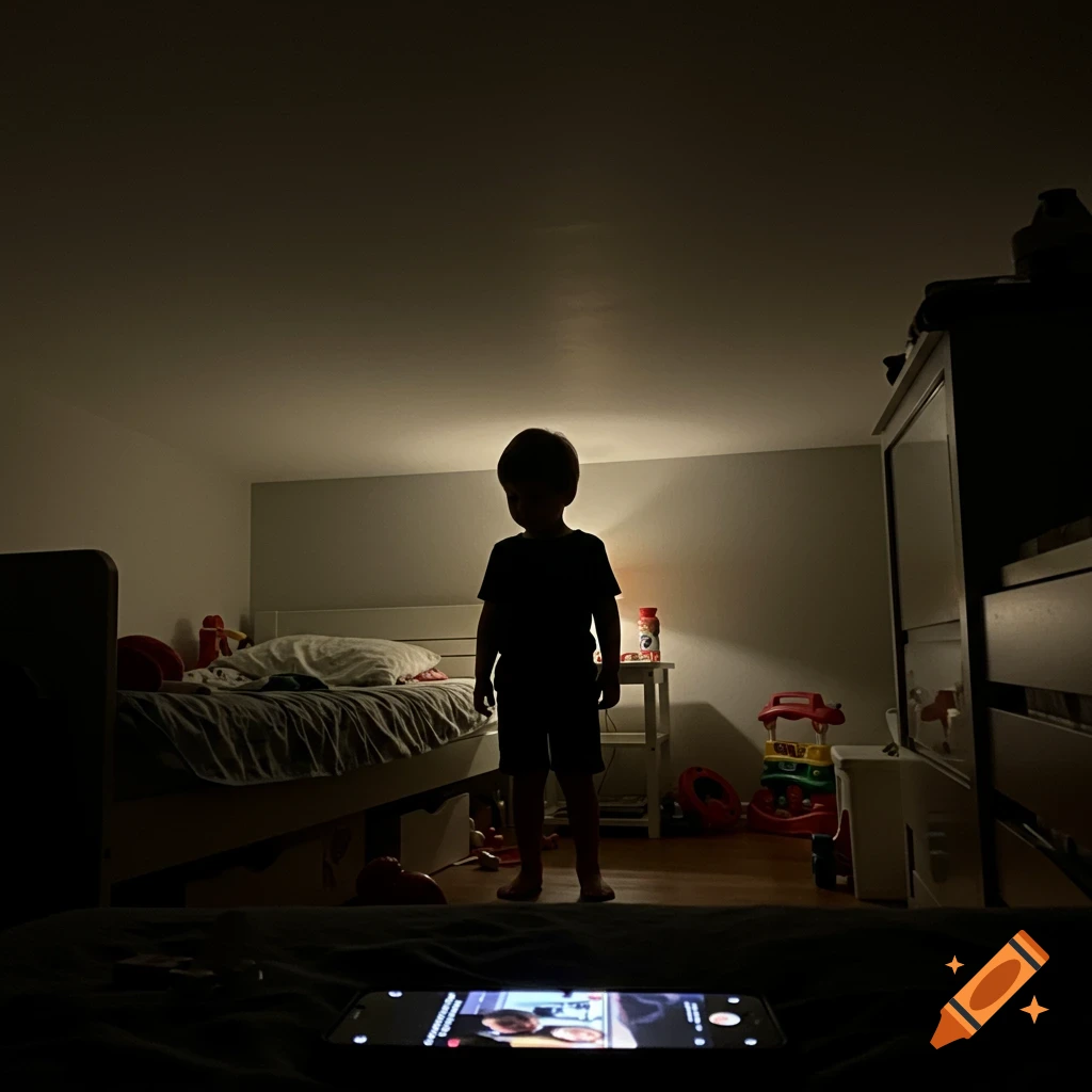 A silhouetted child stands in a dark bedroom at night, lit by a bedside lamp, with a phone visible in the foreground.