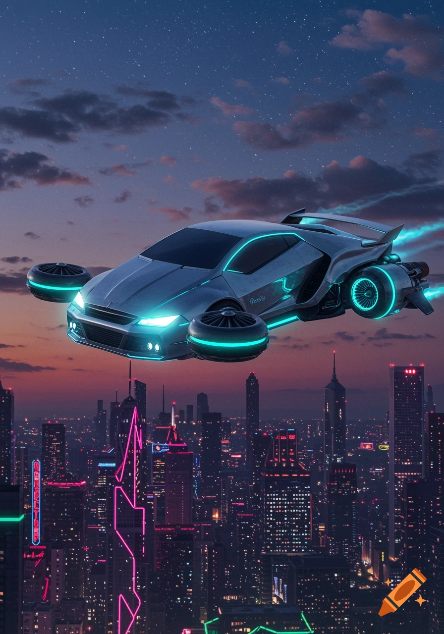 A futuristic silver flying car with bright blue neon lights hovers over a neon-lit cyberpunk city at twilight.