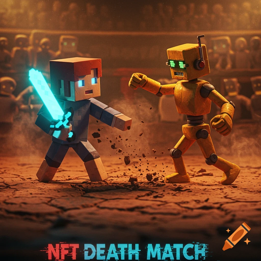 A blocky warrior with a glowing blue sword fights a gold robot in a claymation arena, with "NFT DEATH MATCH" text.