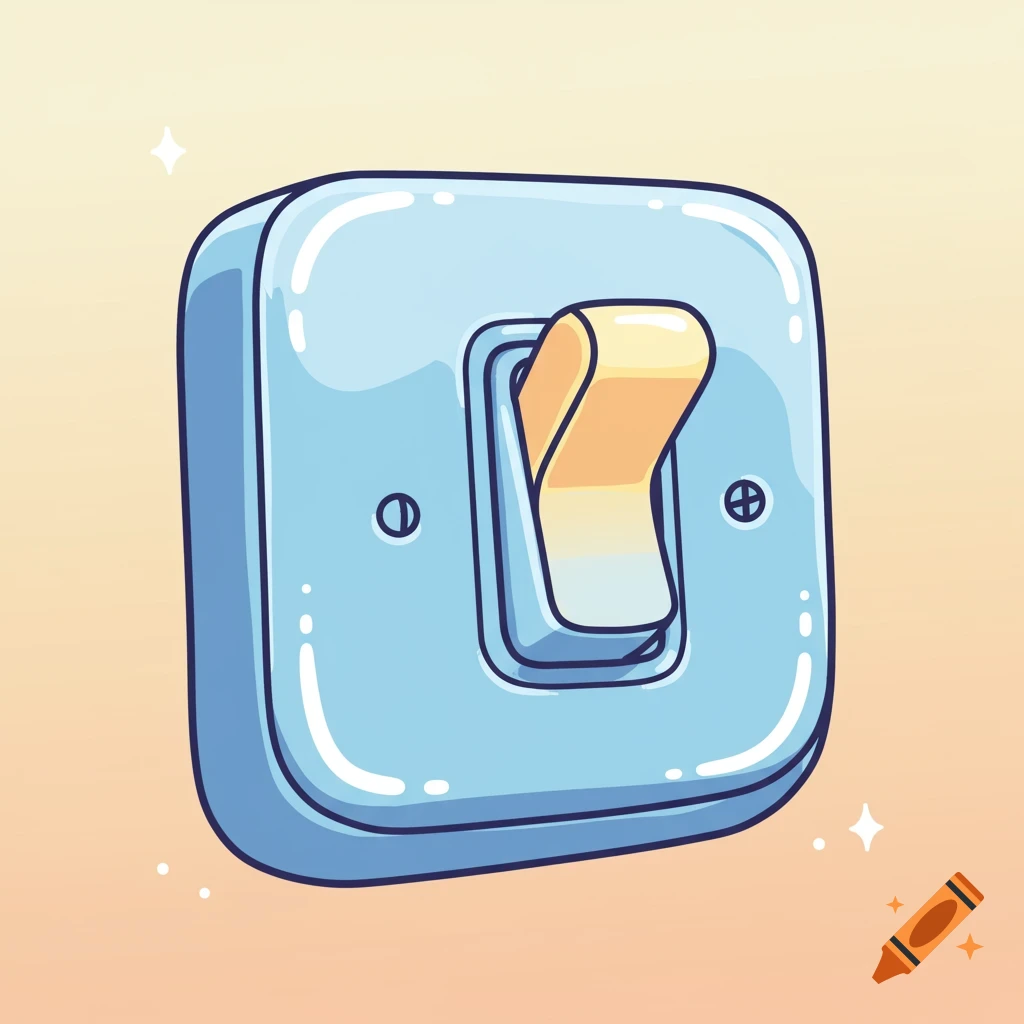 A cartoon illustration of a light blue light switch with an orange toggle in the off position.