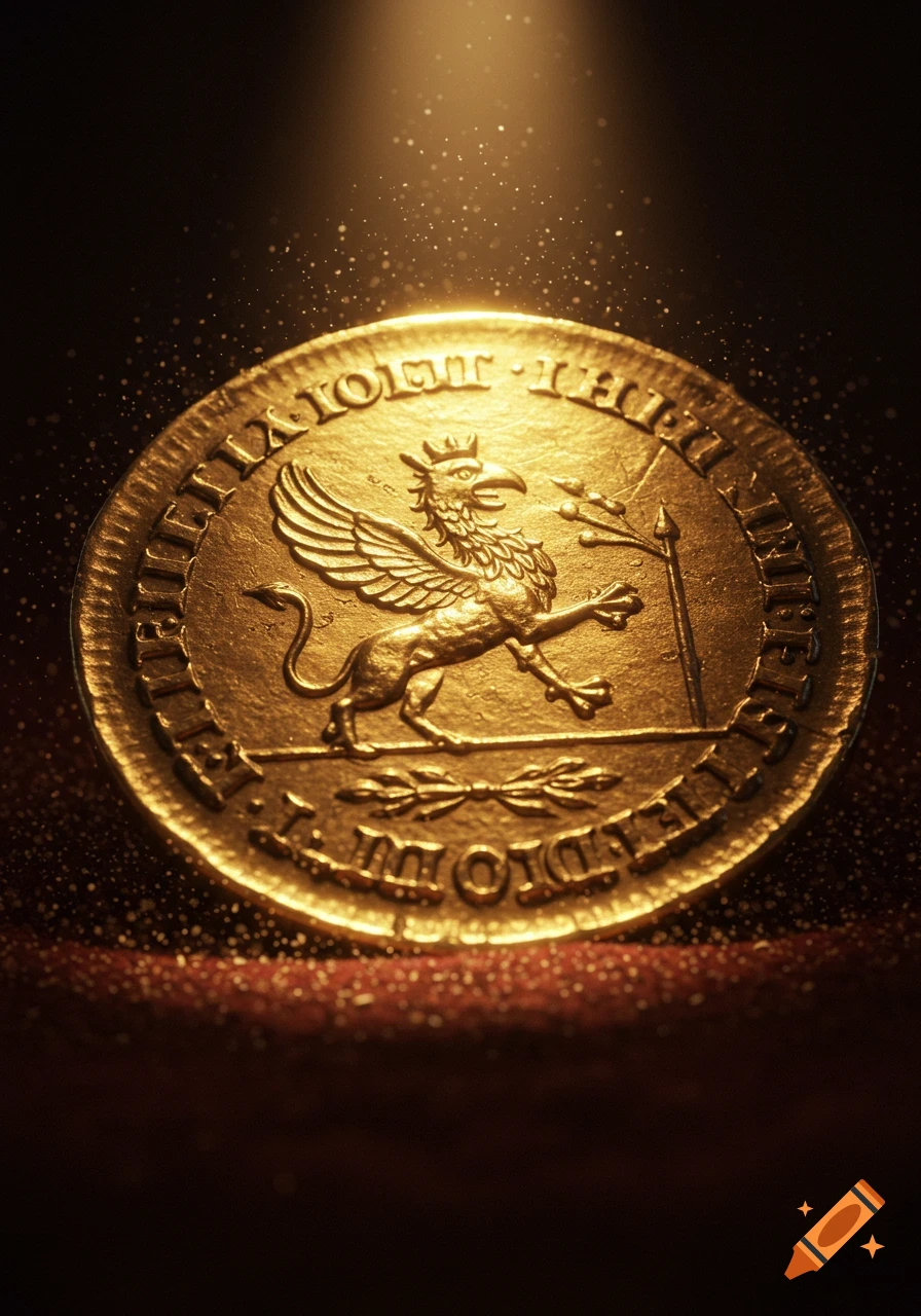 A gleaming gold coin with a detailed griffin design, illuminated by a spotlight.