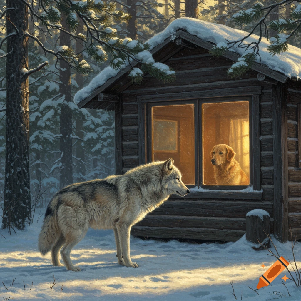 A wolf stands in snow outside a cabin, looking at a golden retriever dog peering out from the window, in a winter forest setting.