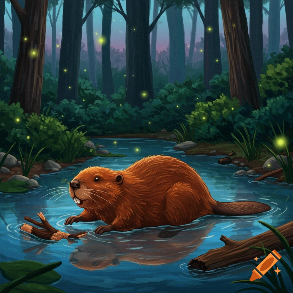 A brown beaver holds a stick in a blue pond, surrounded by dark trees and fireflies in a magical forest illustration.
