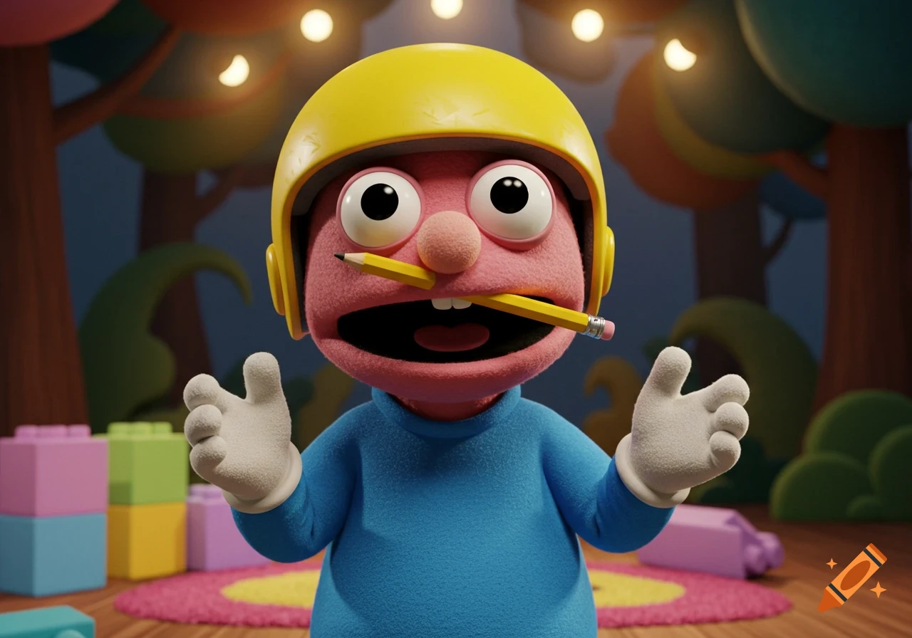 A pink puppet in a yellow helmet and blue shirt holds a pencil in its mouth, with white gloved hands up, in a colorful playroom. 3D render.