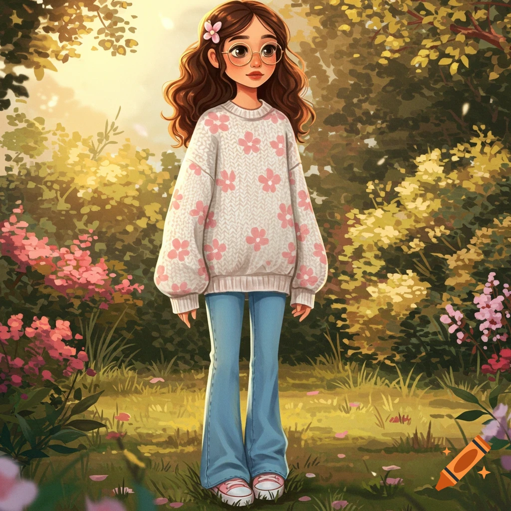 A cute illustrated girl with wavy brown hair, glasses, and a floral sweater stands in a bright garden.