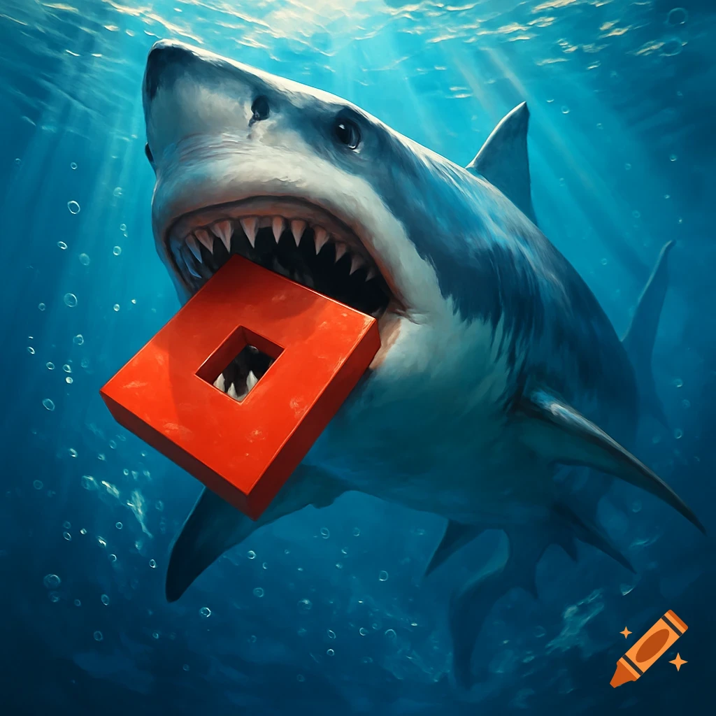 A photorealistic great white shark swimming underwater, biting a red Roblox logo in its mouth.