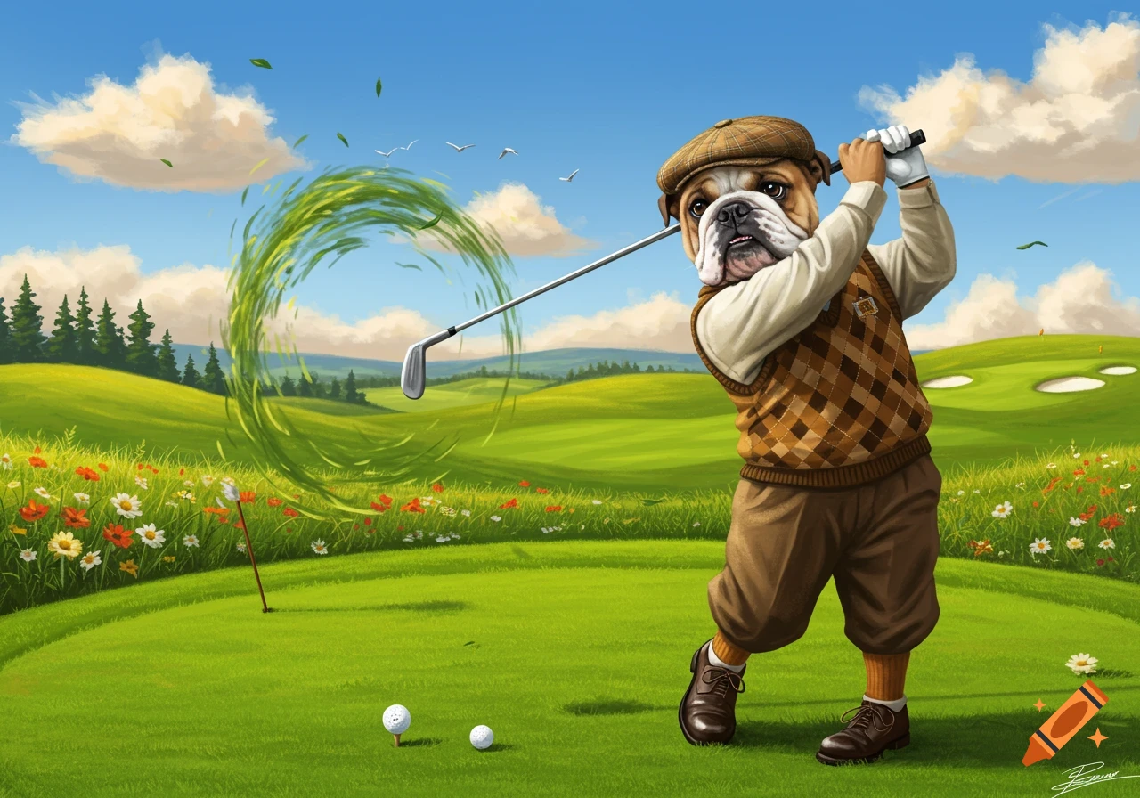 An illustrated bulldog in a vest and cap swings a golf club on a vibrant green course with flowers under a blue sky.