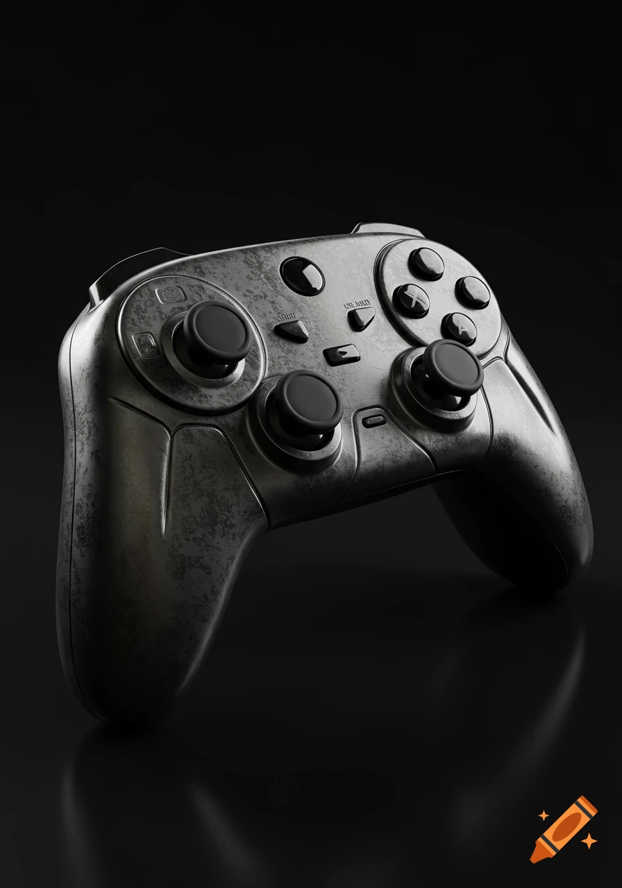 A close-up of a metallic, dark gaming controller with a distressed texture on a black background.