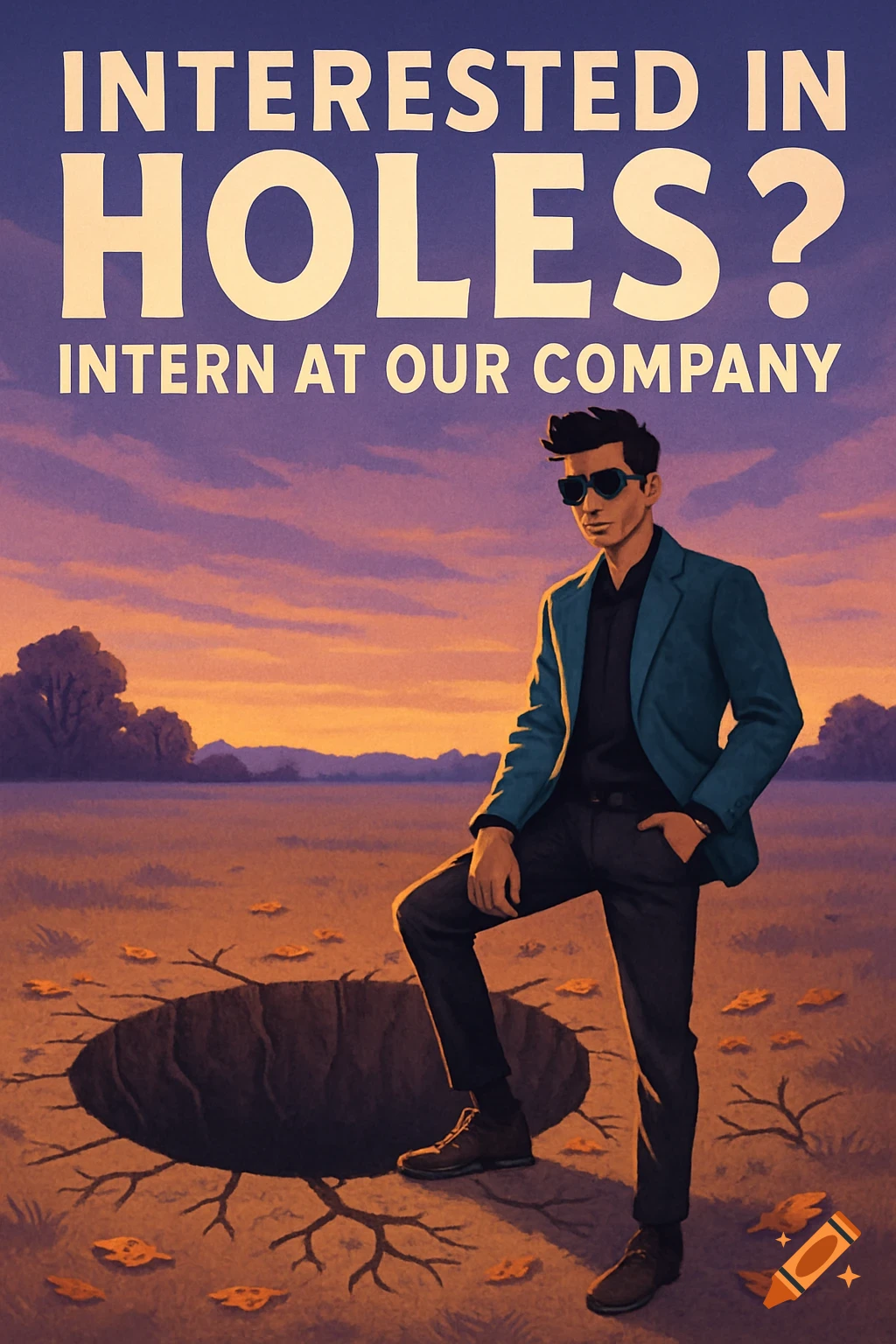 Stylized poster of a cool man in a suit standing next to a large hole in a field at sunset. Text: 'Interested in HOLES? INTERN AT OUR COMPANY'.