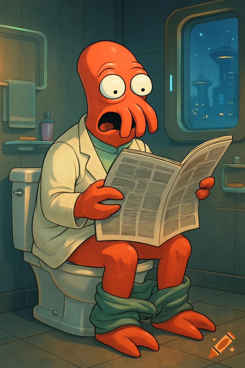 A cartoon character resembling Zoidberg from Futurama sits on a toilet, pants around his ankles, reading a newspaper with a shocked expression.