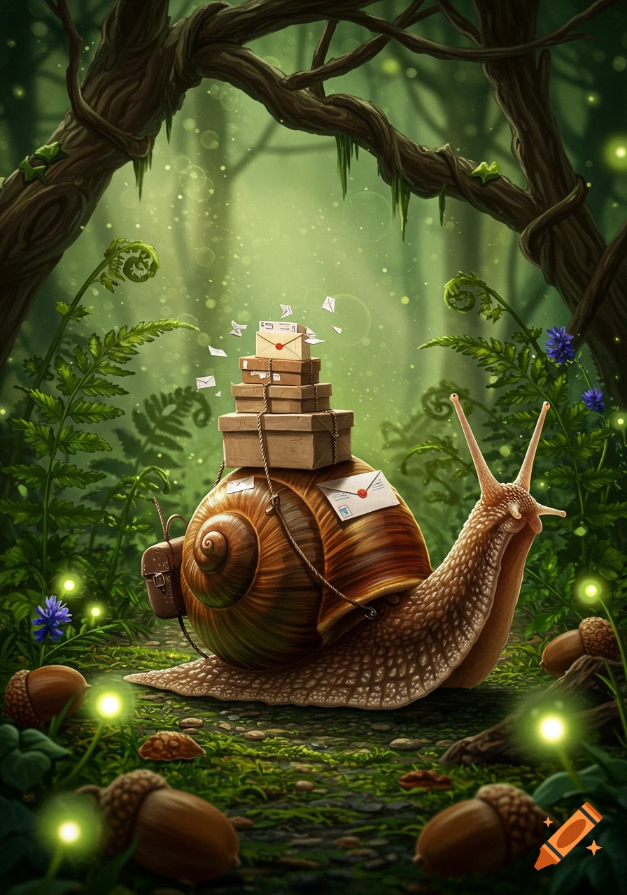A snail mail carrier with a stack of packages and letters on its shell, walking through a glowing, lush green forest.