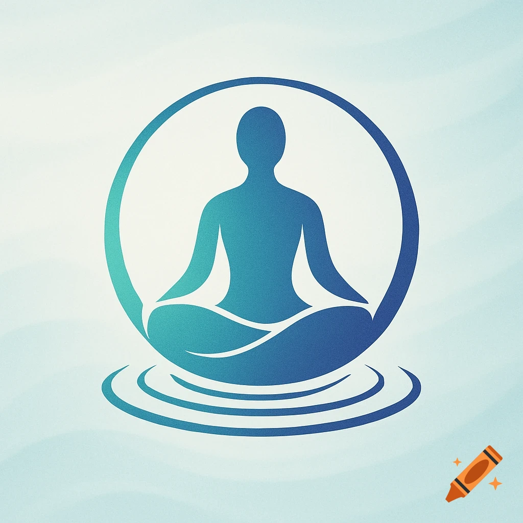 A blue and teal gradient logo of a person meditating in a lotus position, framed by a circle and water ripples.