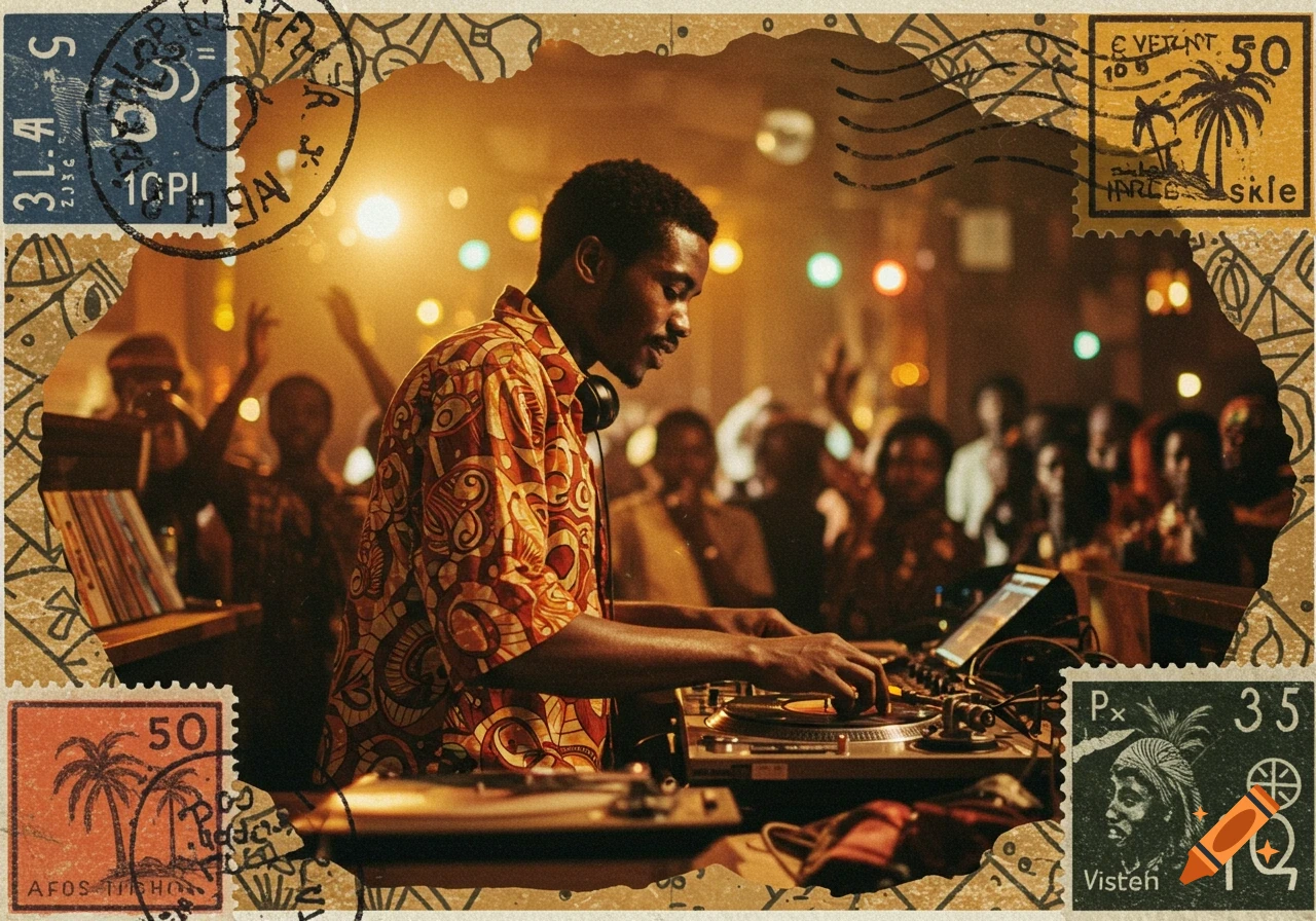 A man wearing headphones DJs at a party, with a distressed stamp-like border and postmarks giving it a vintage 70s African aesthetic.