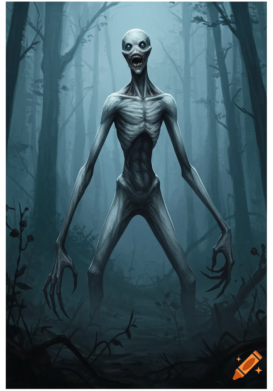 A tall, slender, pale-skinned monster with long, clawed fingers, sharp teeth, and glowing eyes stands in a dark, misty forest.