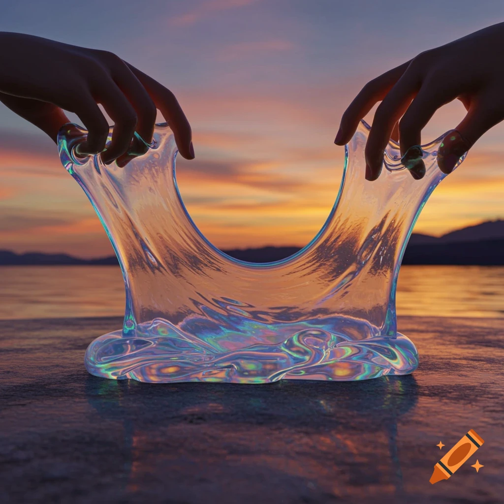 Two hands stretching iridescent, translucent slime against a vibrant sunset sky over a lake and mountains.