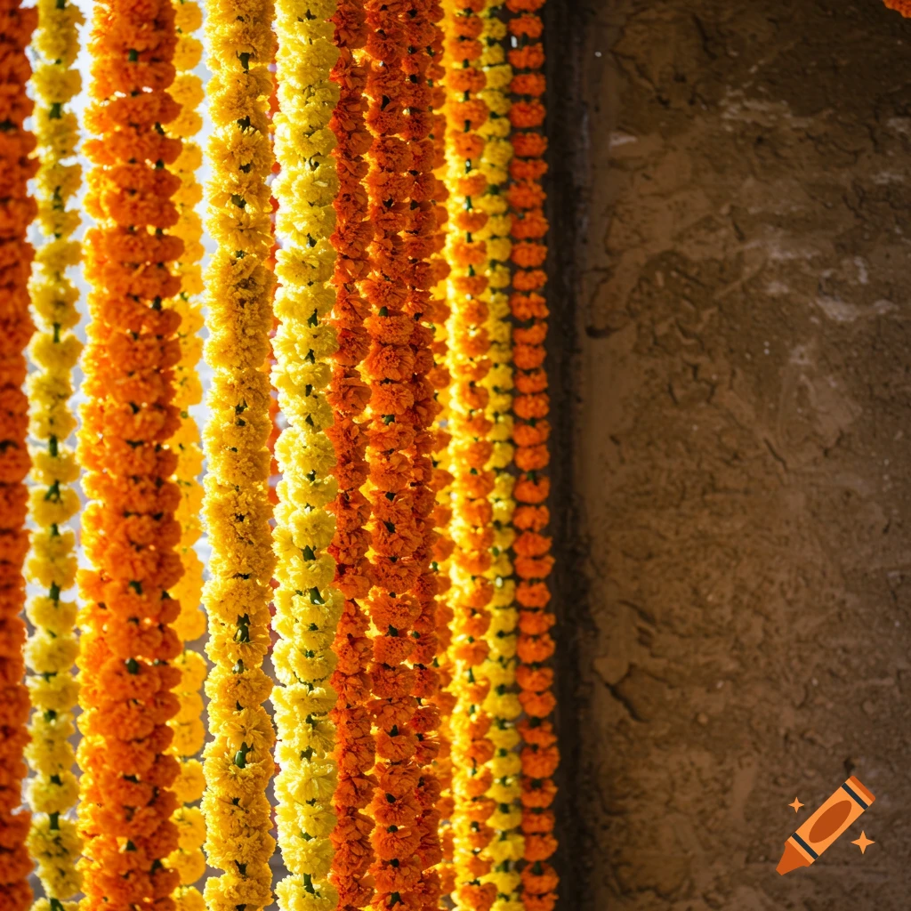 Close-up of bright yellow and orange marigold flower garlands hanging vertically against a wall, likely for an Indian wedding.