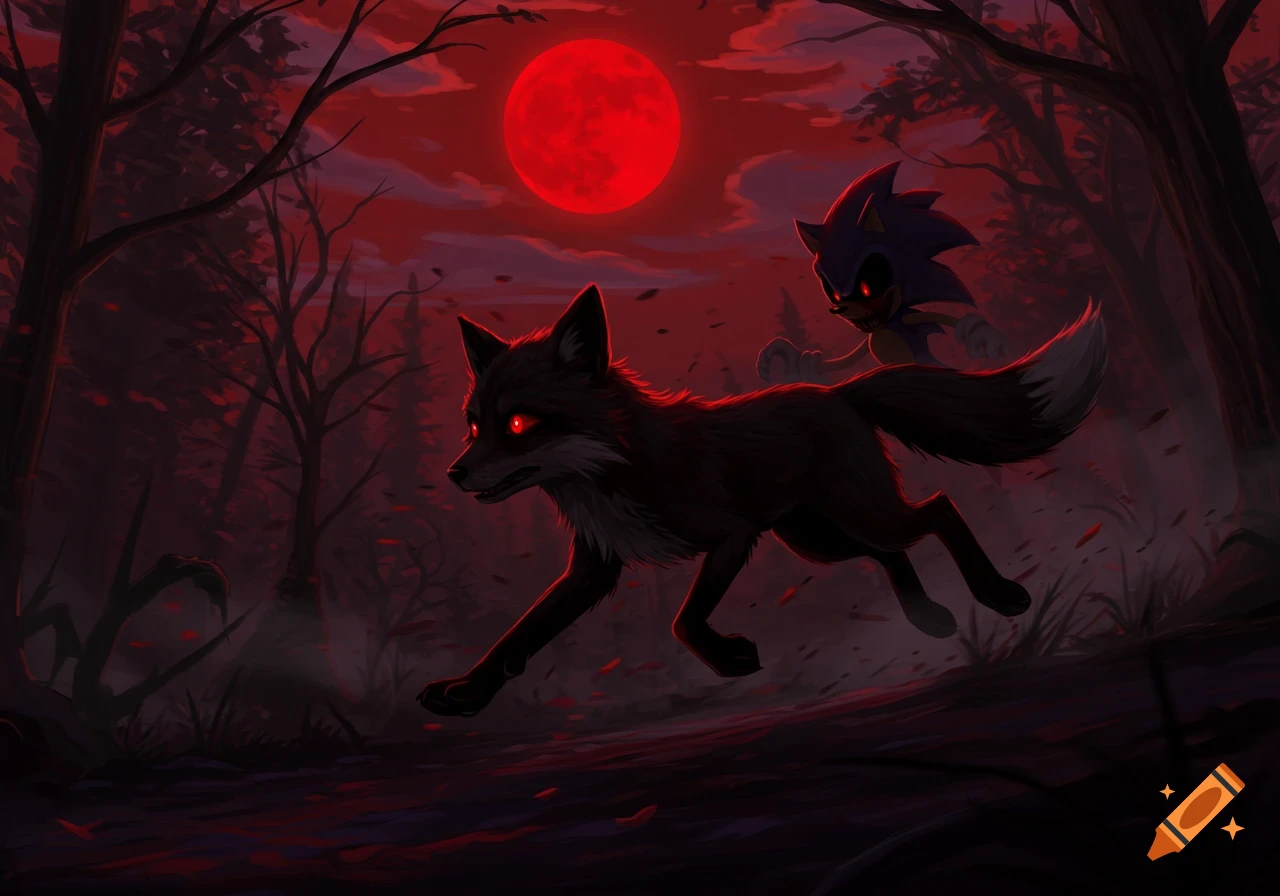 A black fox with red eyes runs through a dark, eerie forest under a red moon, pursued by a creepy Sonic.exe character.