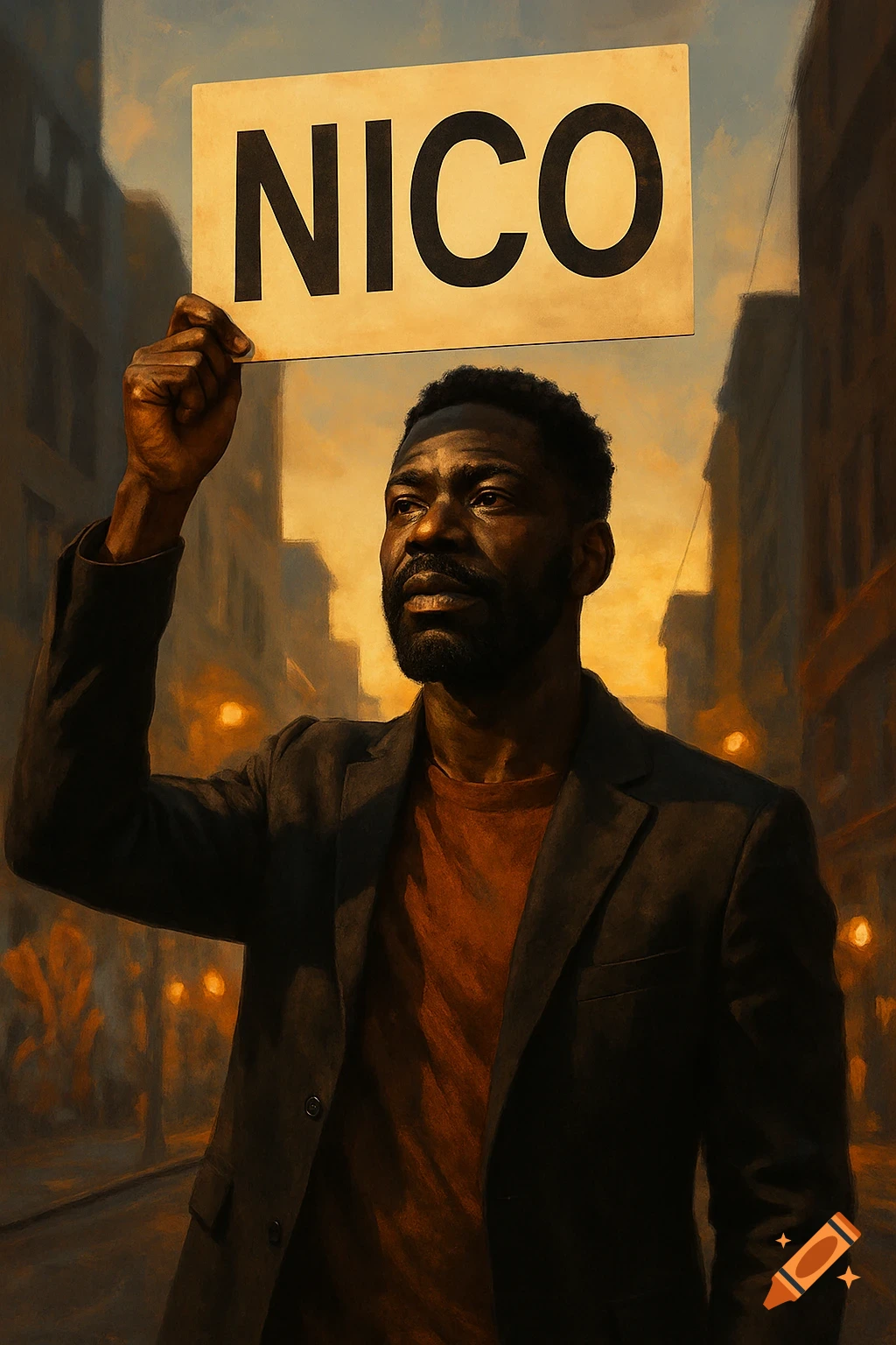 A painterly image of a Black man holding a sign that reads NICO above his head, standing on a street.