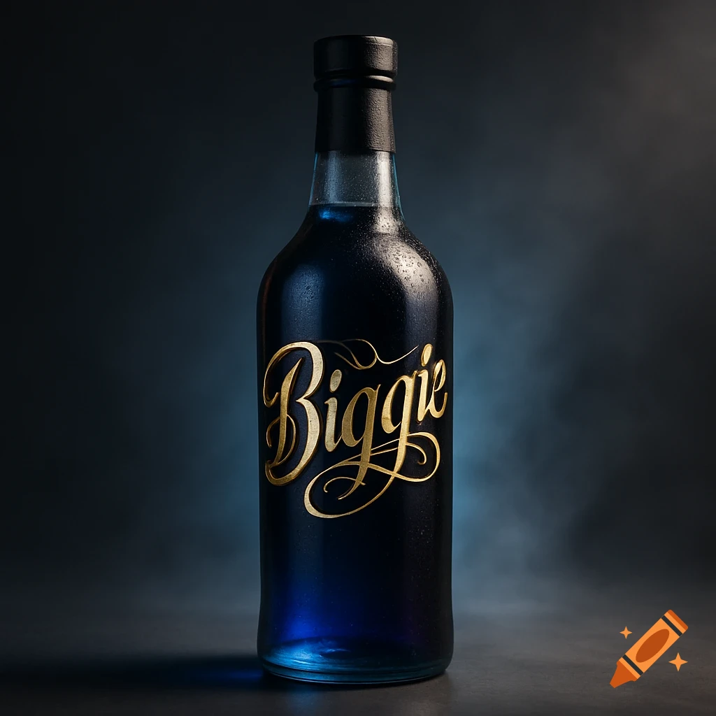 A dark blue bottle with gold script 'Biggie' on its label, featuring condensation, against a dark background in a photorealistic style.