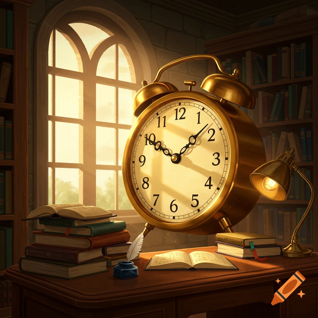 A giant golden alarm clock sits on a wooden desk with books, an inkwell, a quill, and a lamp, bathed in warm light from an arched window.