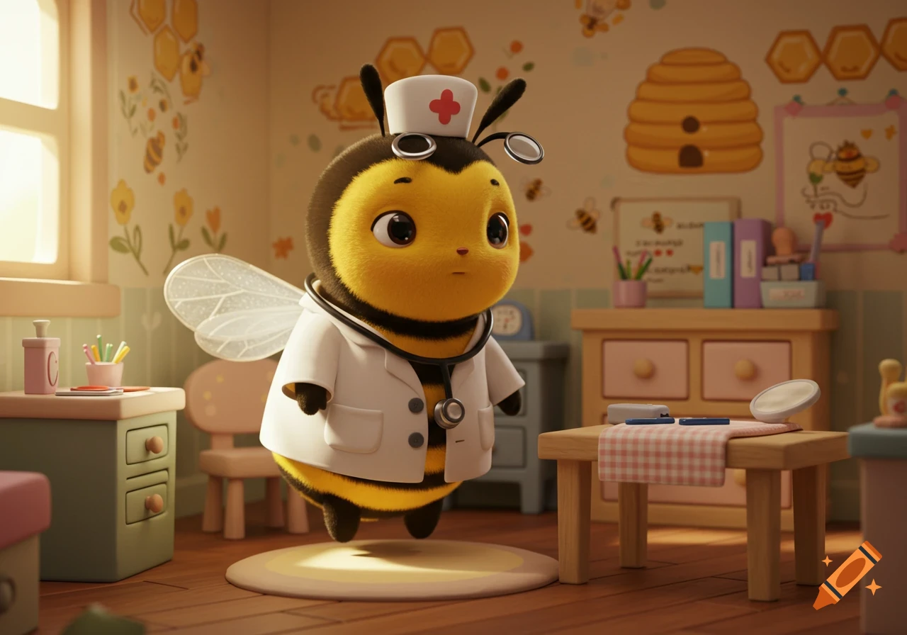 A cute, fluffy cartoon bee wears a white doctor's outfit with a stethoscope and head mirror in a pleasant doctor's office.