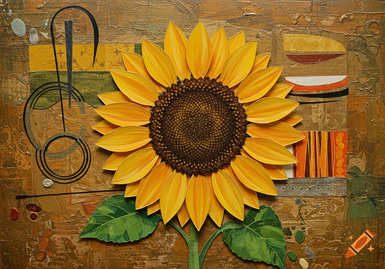 Collage art of a sunflower with abstract background elements.