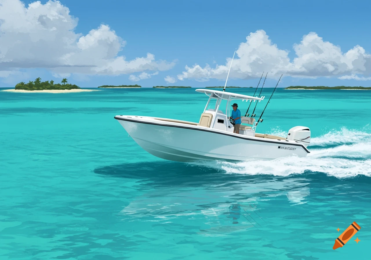 An illustration of a white sportsman bay boat with a person driving it, speeding across clear turquoise water past small tropical islands under a blue sky with white clouds.