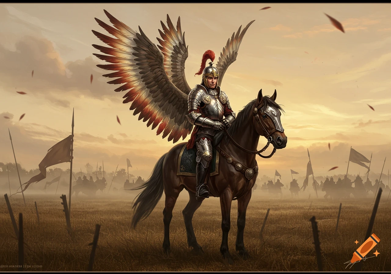 A winged hussar in ornate armor rides a horse through a field at sunset, with an army in the background.