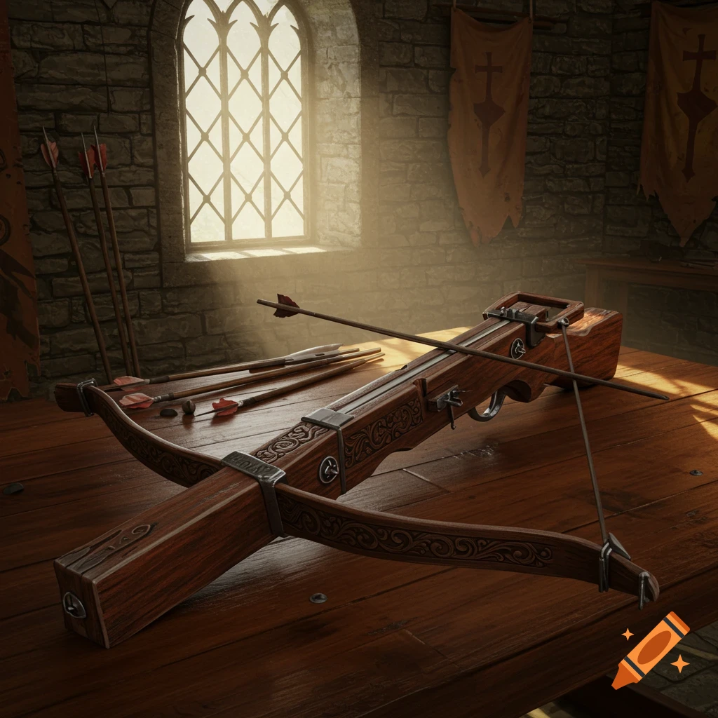 A photorealistic image of a detailed wooden medieval crossbow and arrows on a table in a stone room with a bright window.