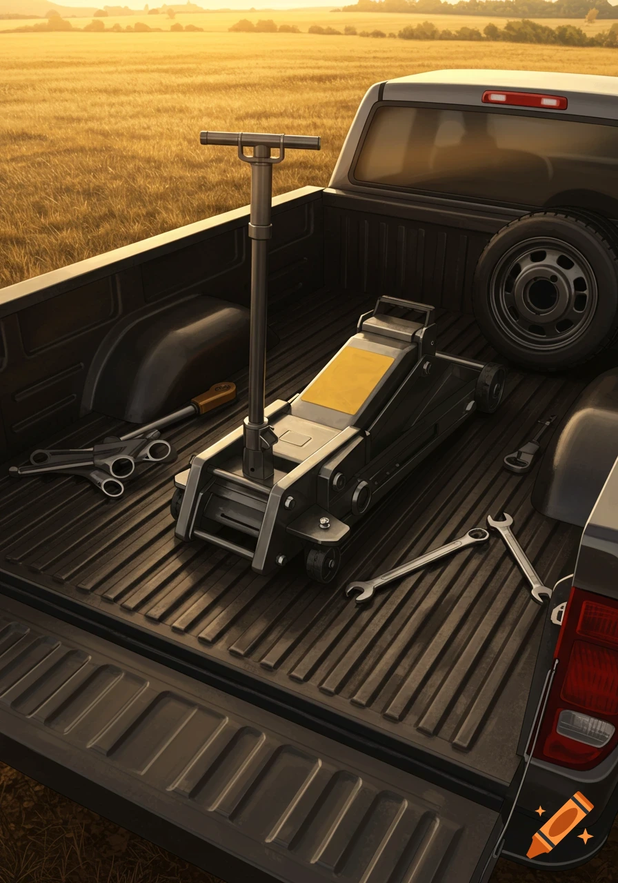 A close-up, photorealistic view of a floor jack, a spare tire, and various wrenches in the bed of a pickup truck, with a golden field and sky in the background.