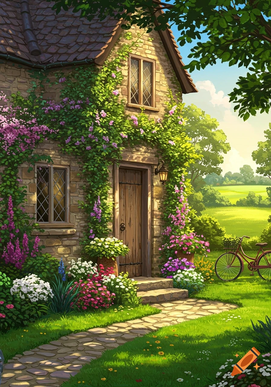 Charming stone cottage covered in green vines and purple flowers, with a stone path. A bicycle is in the sunny garden.