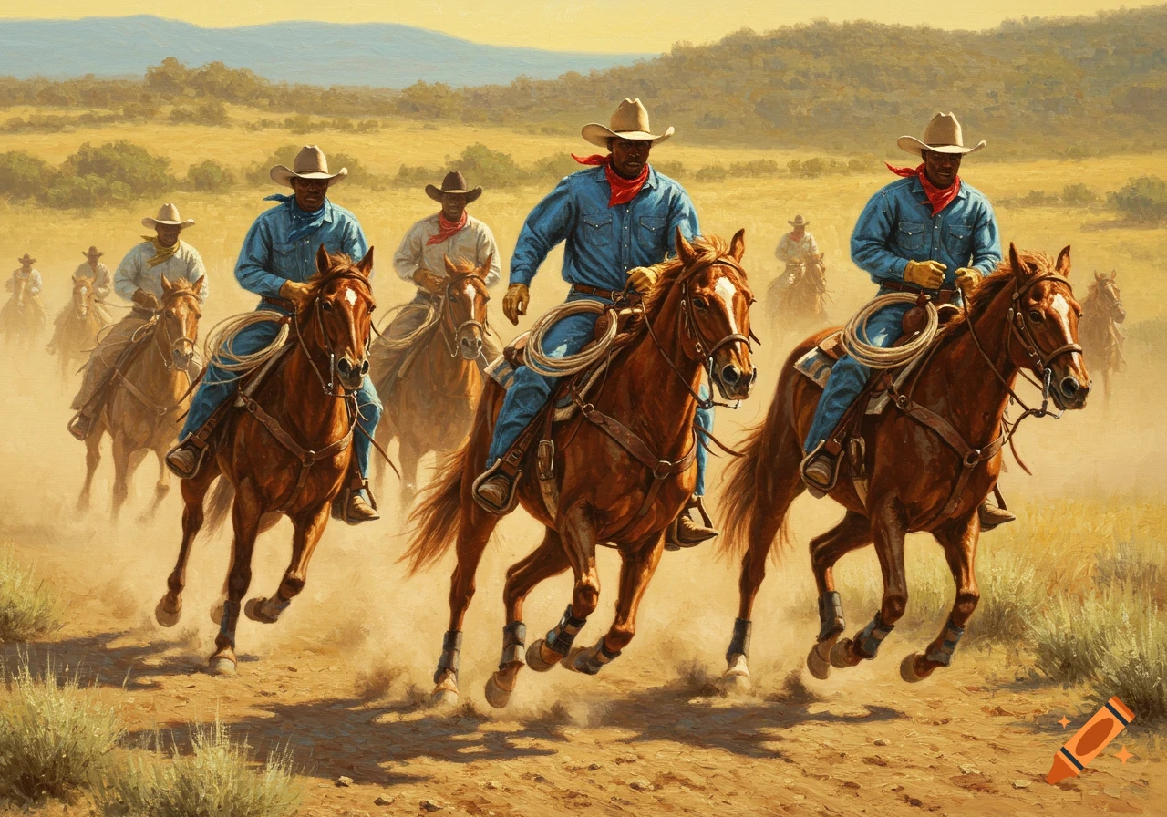 Oil painting of cowboys on horses riding through a dusty western landscape.