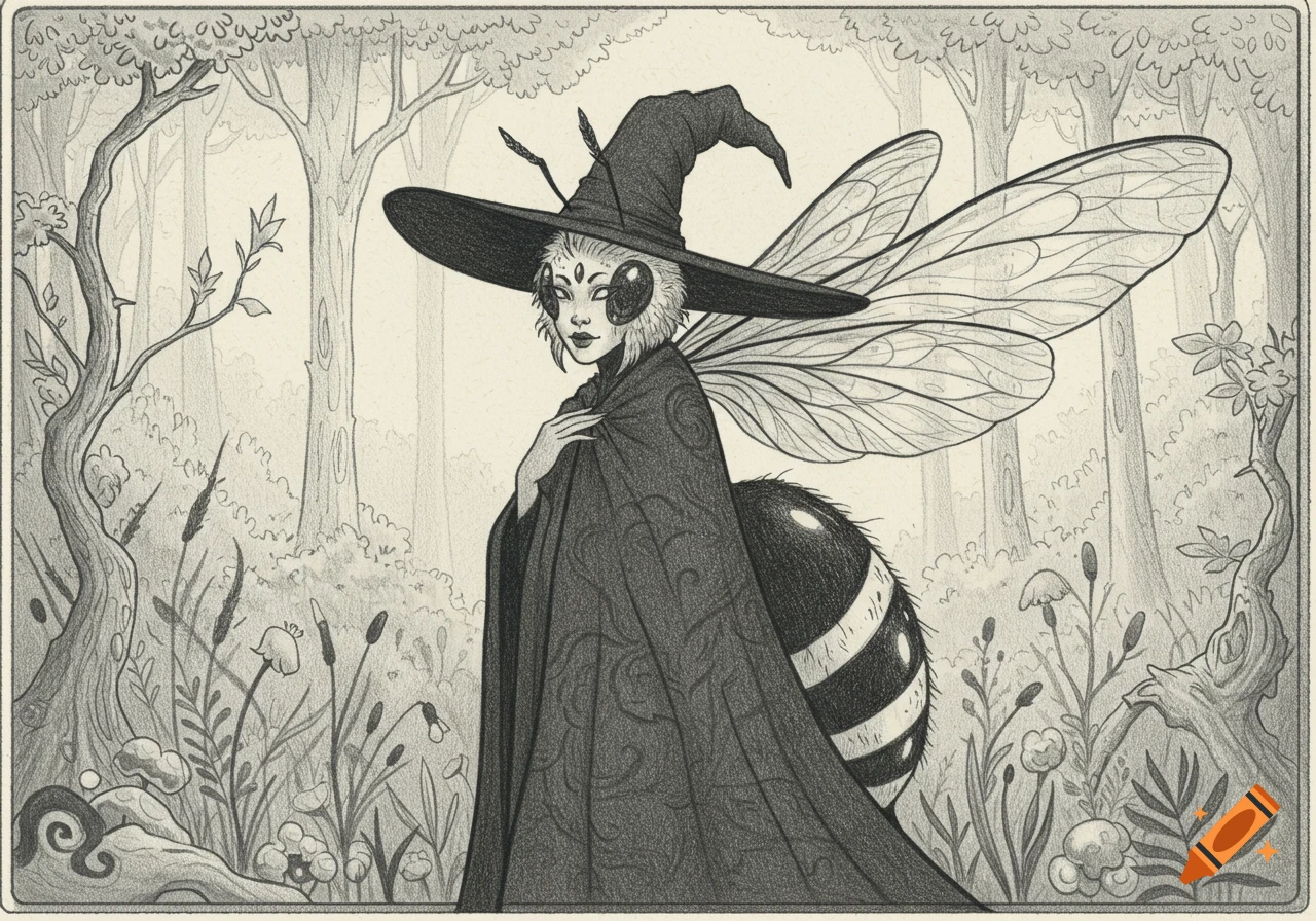 A black and white line drawing of a bee-like witch in a cloak standing in a forest.