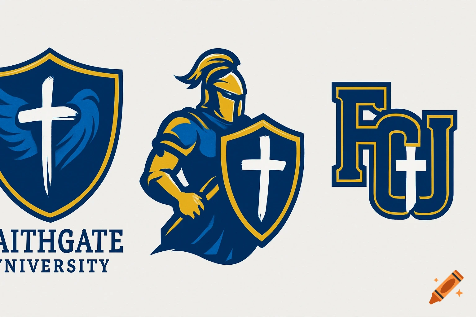 Three university logos in royal blue, gold, and white. Designs include a shield with a cross, a knight holding a shield, and interlocked FGU letters with a cross, plus 'Faithgate University' text.