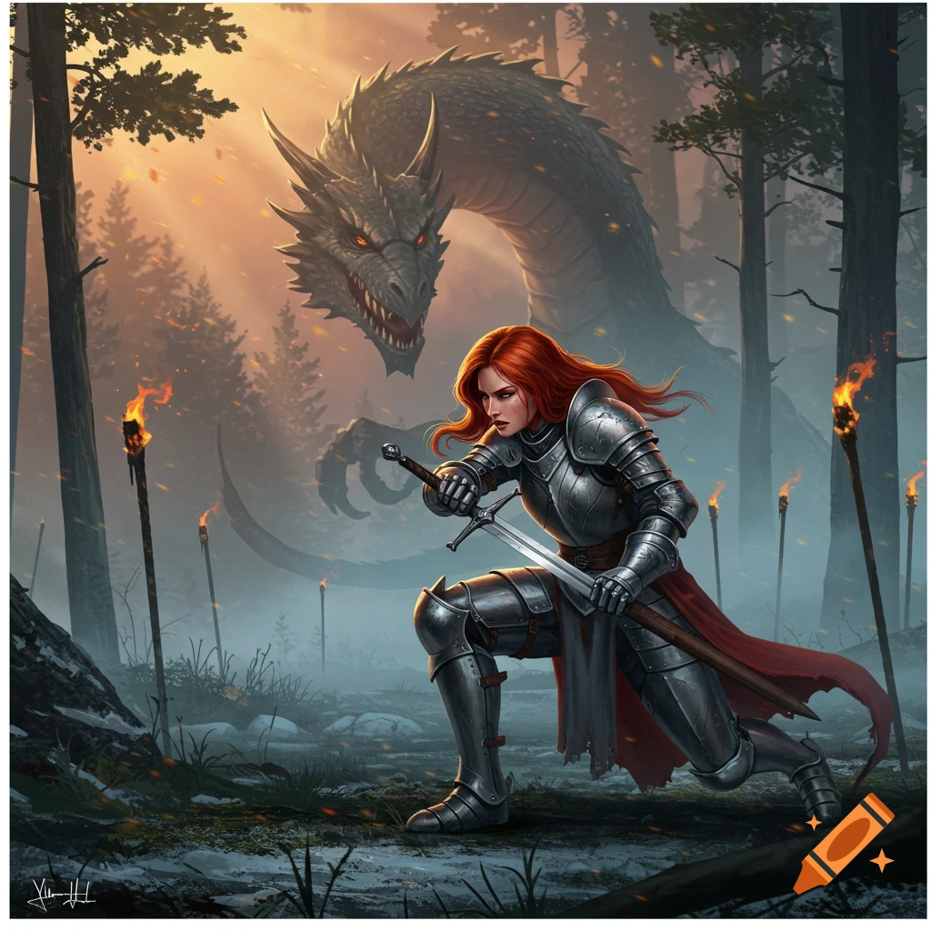 A female knight with red hair crouches, holding a sword, facing a large dragon in a misty forest with torchlight.