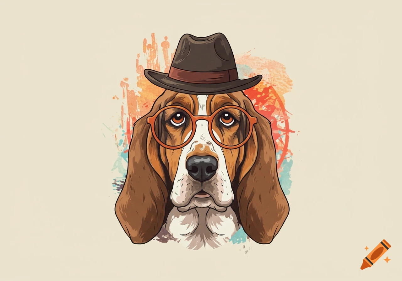 Cartoon basset hound wearing a fedora and orange glasses, with a colorful abstract background.