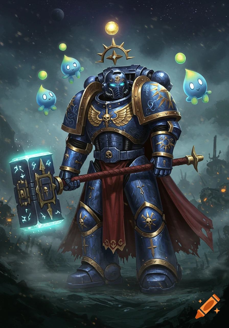 A blue armored Warhammer 40k Space Marine holding a glowing hammer, with cute, floating Chao creatures in a dark, atmospheric setting.
