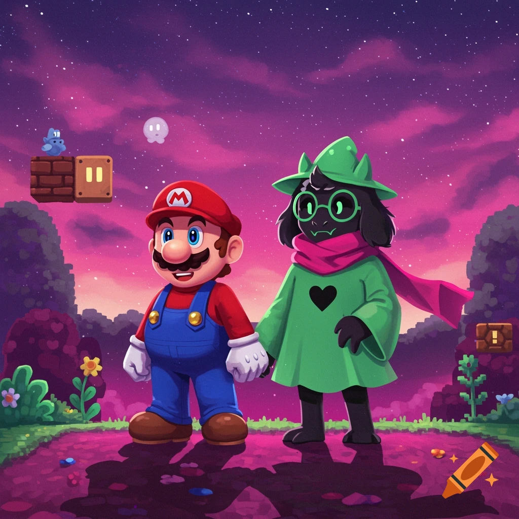 Mario and Ralsei walk together on a path under a vibrant pink and purple starry sky in a stylized video game world.