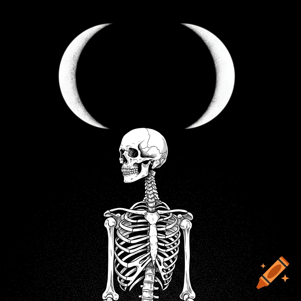 Black and white illustration of a skeleton looking sideways, with two back-to-back crescent moons above it.