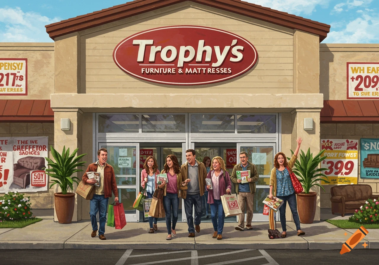 People carrying shopping bags walk out of Trophy's Furniture & Mattresses, a large store building.