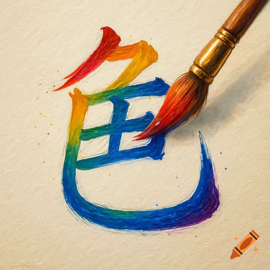 A paintbrush painting the Chinese character '色' with rainbow colors on textured paper.
