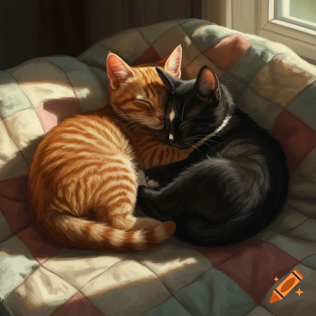 An orange tabby kitten and a black kitten with a white chest spot snuggle asleep on a checkered quilt in a sunbeam.